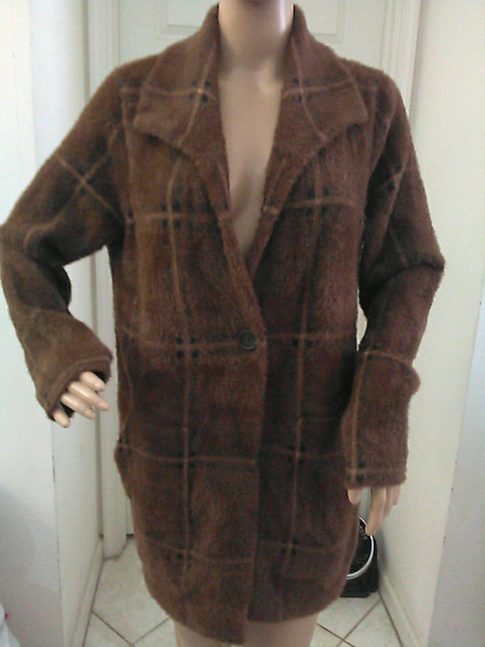 NWOT J JILL Brown FURRY Women's Long Plaid Coat (MEGA SOFT) SZ. S W/ PKTS